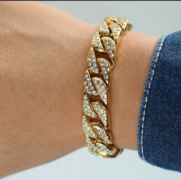 Men's bracelets Gold Rhinestones cuban LINK chain - Picture 2 of 7